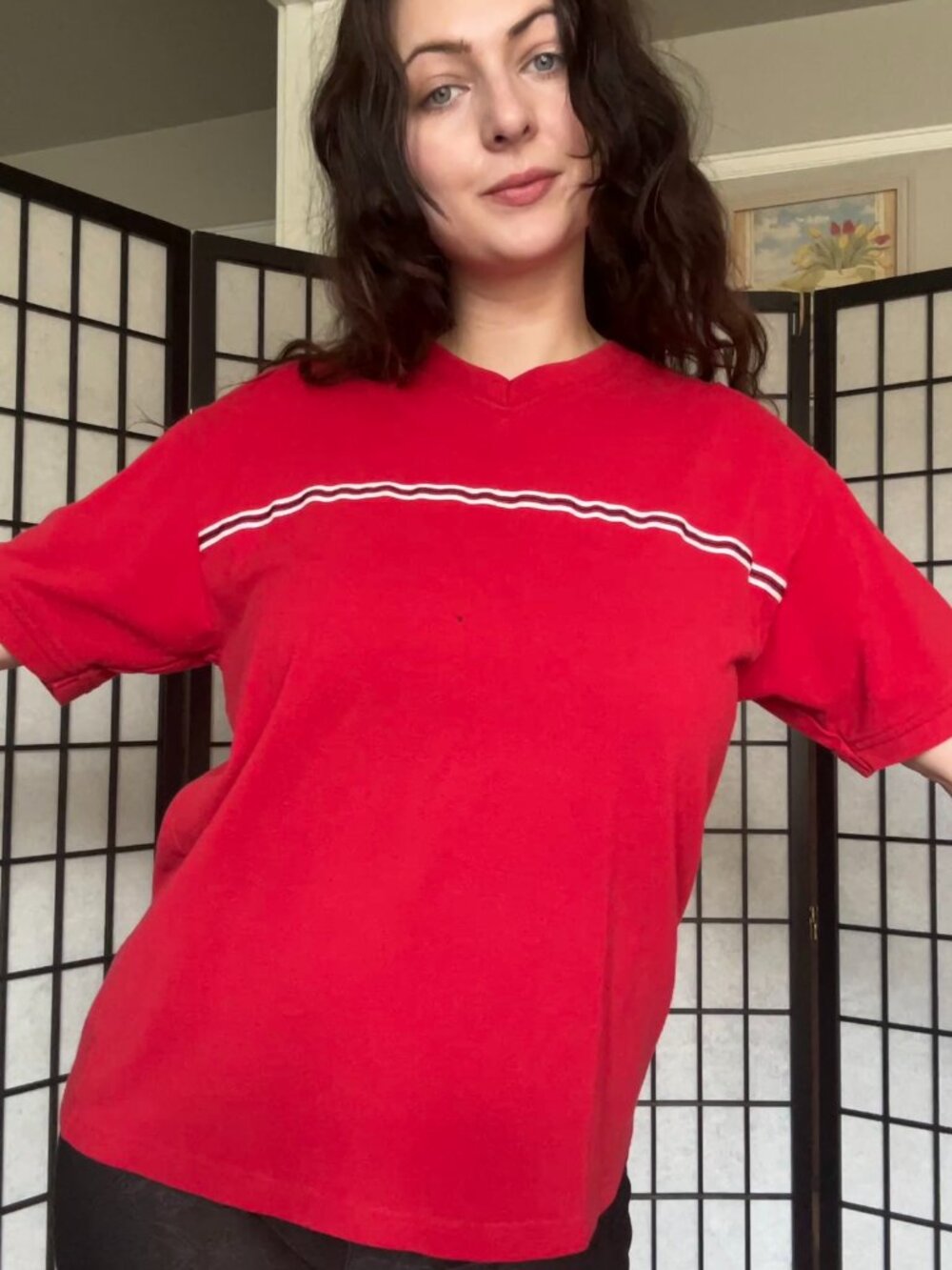 Y2K Striped Shirt (M) medium red mens streetwear skater cool alternative